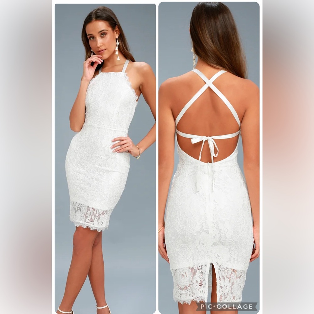 NWT Lulus Wishful Wanderings White Lace Bodycon Midi Dress